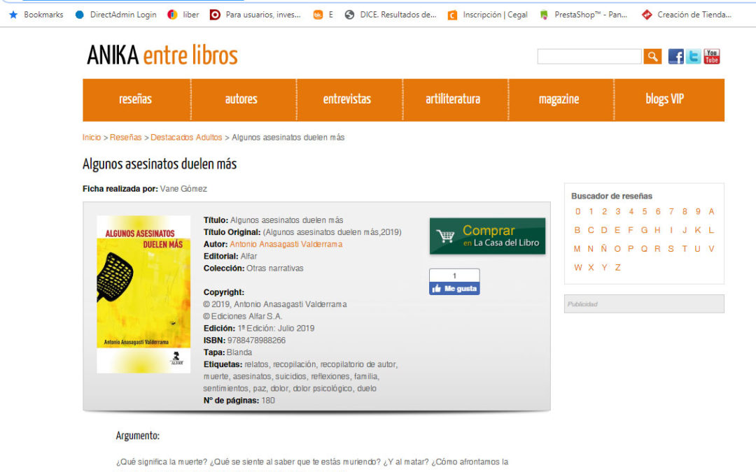 Reseñan en Anika entre Libros de Algunos asesinatos duelen más