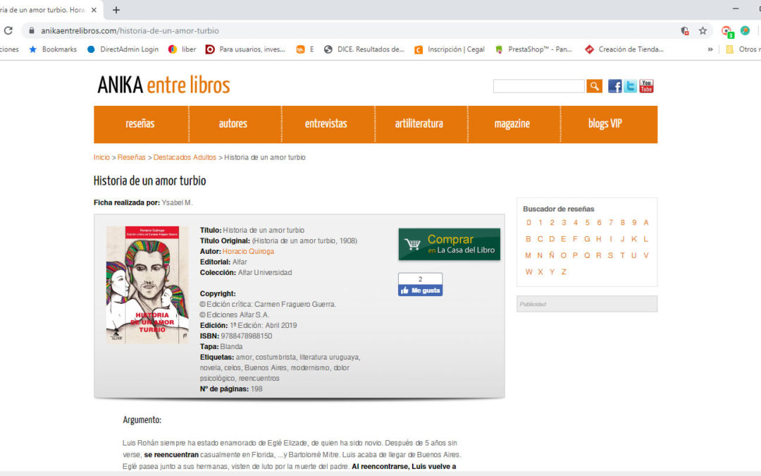 Reseña en Anika entre Libros de Historia de un amor turbio, de Horacio Quiroga