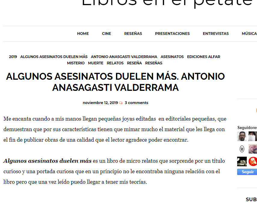 Magnífica reseña en librosenelpetate.blogspot.com de Algunos asesinatos duelen más de Antonio Anasagasti
