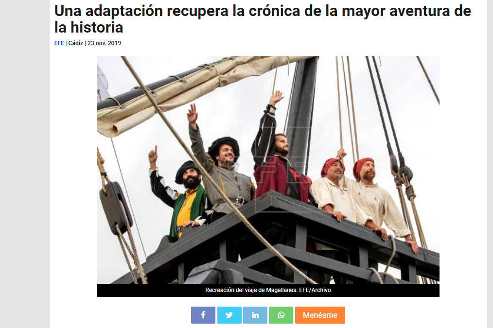 Noticia en agencia EFE Andalucía de nuestra edición adaptada de El primer viaje alrededor del mundo