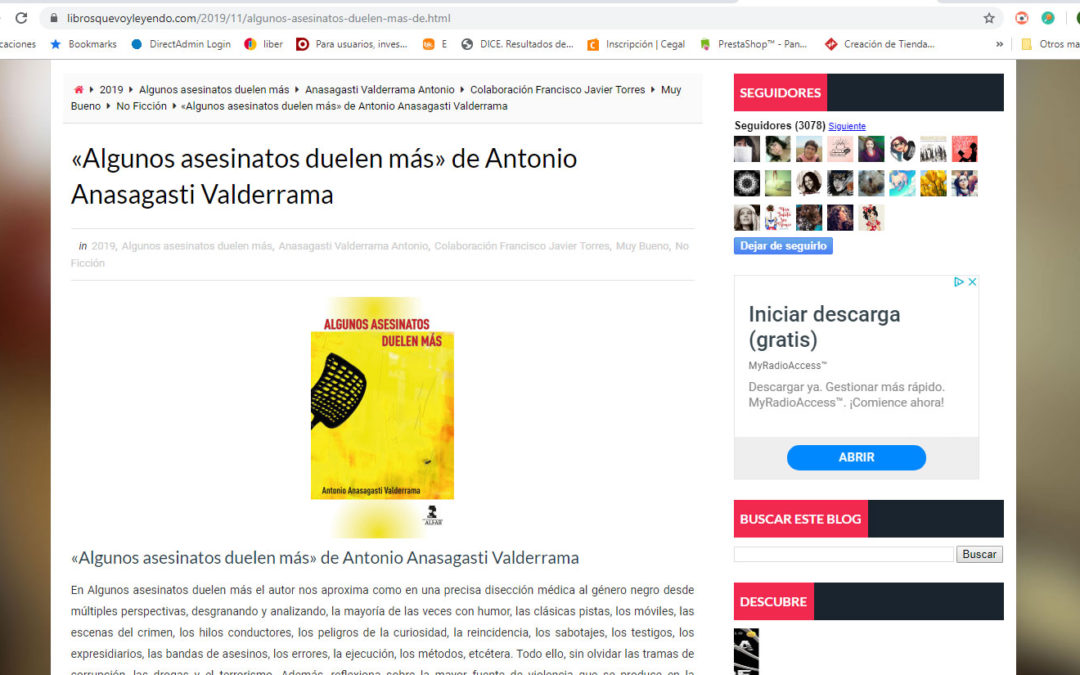 Magnífica nueva reseña de Algunos asesinatos duelen más de Antonio Anasagasti en el blog Libros que voy leyendo