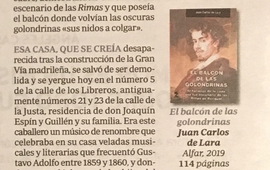 Reseña de Luis Alberto de Cuenca en ABC Cultural de El balcón de las golondrinas de Juan Carlos de Lara