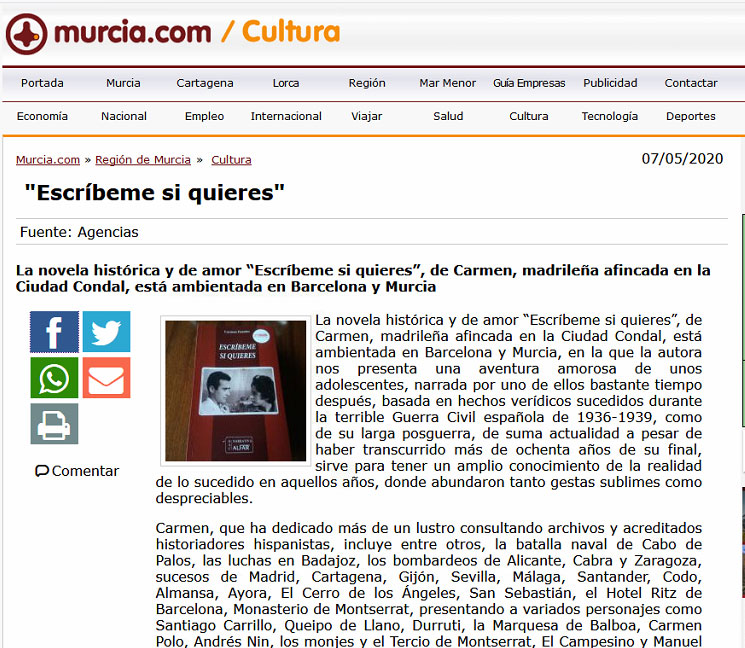 La primera novela de Carmen Fuentes, Escríbeme si quieres, reseñada en el portal www.murcia.com