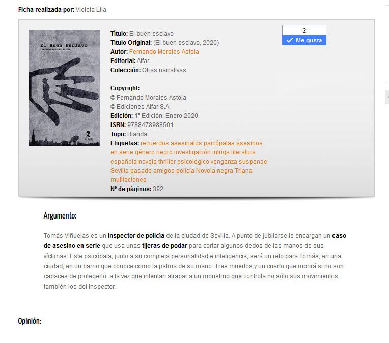 Reseña en Anika entre Libros de la novela El buen esclavo de Fernando Morales Astola