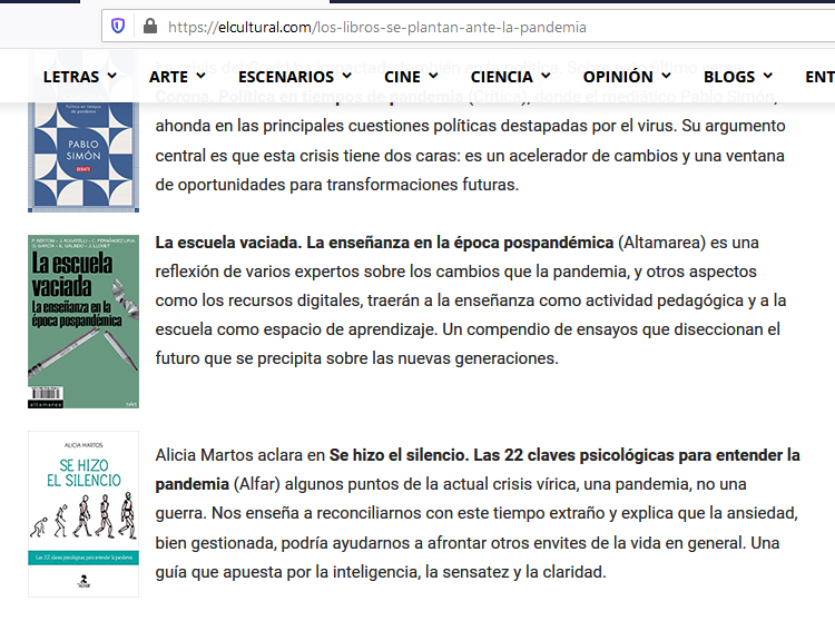 Se hizo el silencio. Las 22 claves psicológicas para entender la pandemia de Alicia Martos recomendado en El Cultural.