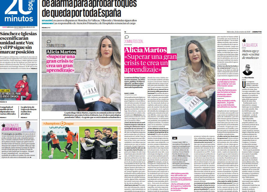 Se hizo el silencio. Las 22 claves psicológicas para entender la pandemia de Alicia Martos en portada hoy (21/10/2020) en la edición impresa de 20 minutos