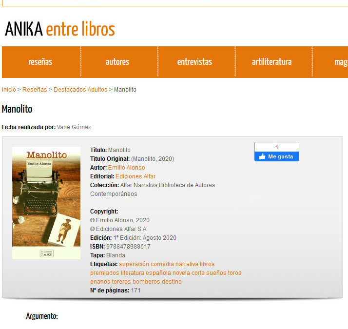 Magnífica reseña en Anika Entre Libros de nuestro Manolito de Emilio Alonso Feliz