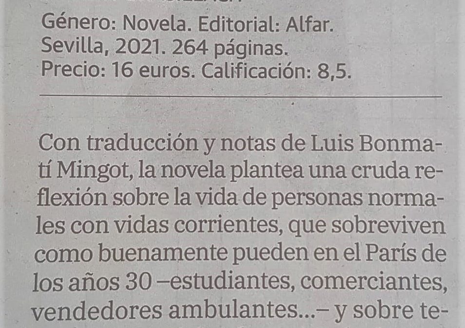 Magnífica reseña de Manuel Cifo en el suplemento cultural de La Verdad de Murcia, Abadol, de nuestro El vendedor de pájaros de Robert Brasillach, con traducción de Luis Bonmatí